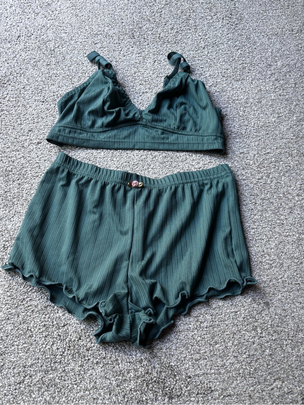 Women’s Small Ribbed Bralette & Shorts Sleep Set in Teal Green